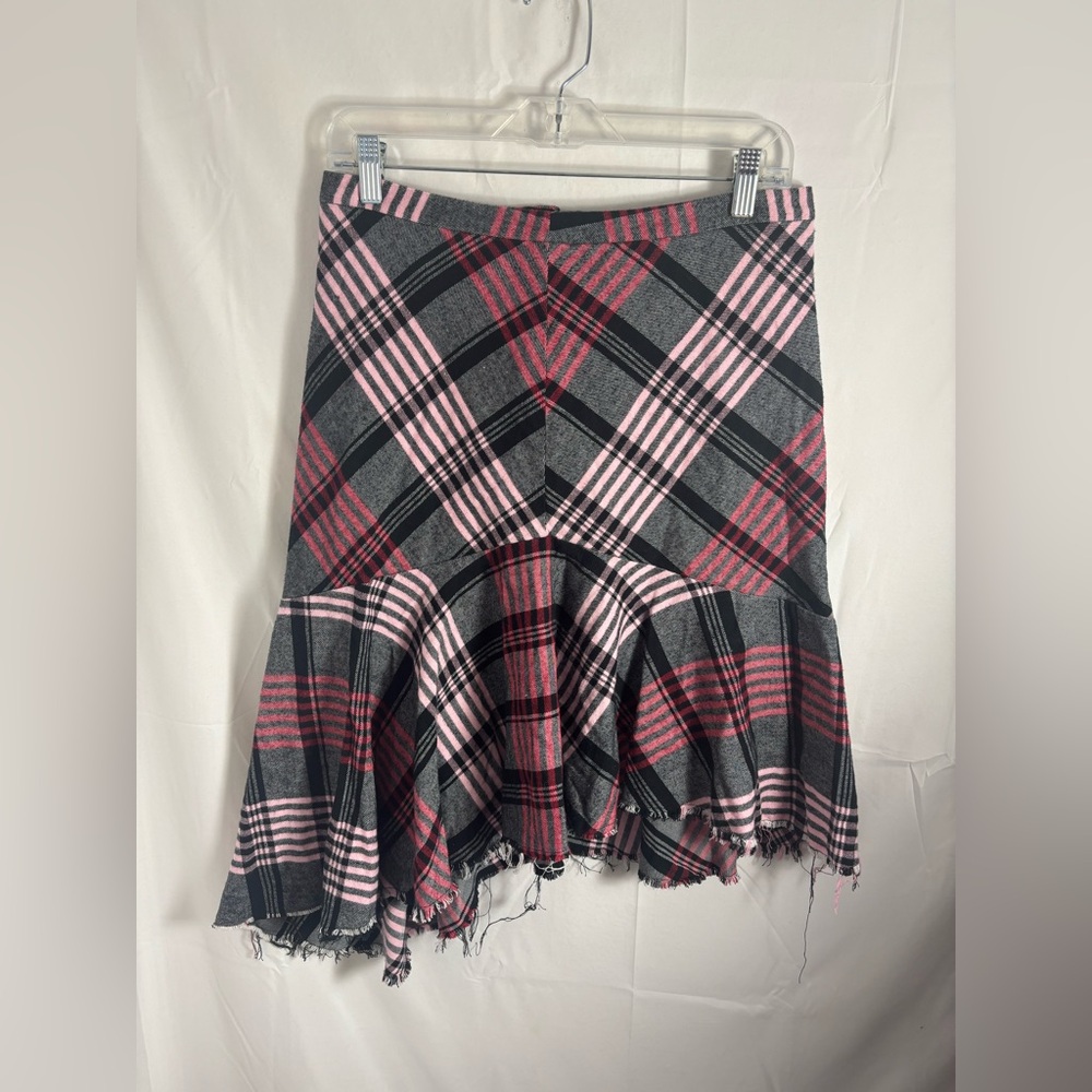 Black+Pink Plaid Raw Hem Grunge Assymetrical Boho MIDI Mermaid Skirt Size‎ M